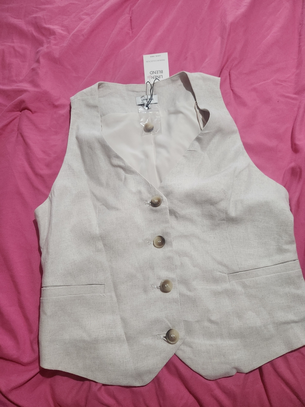 Love Tree Linen Blend Button Front Vest in Light Beige